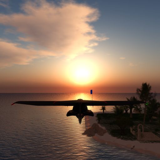 A silhouette of a plane flying into a sunset taken within Second Life during a cruise. There is an island ahead just to the right with palm trees and what appears to be a garden.