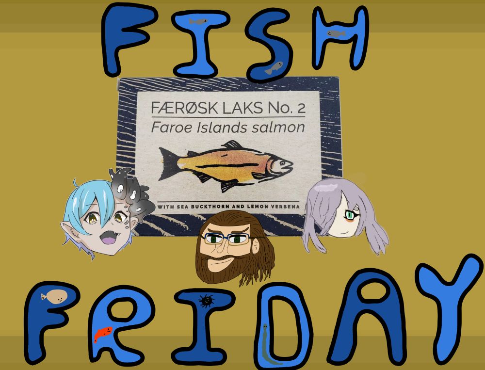 Fangst Faroe Islands Salmon tin, clonk, brightermalphon, and tyumici headshot art, stylized text that says Fish Friday