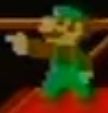 luigi sprite from super mario bros. but he's pointing with a giant hand. this is from the famicom disk system kiosk