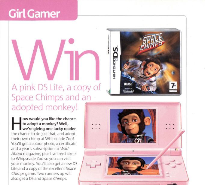 an insert from nintendo's GIRL GAMER telling viewers they can win a ds with a copy of Space Chimps