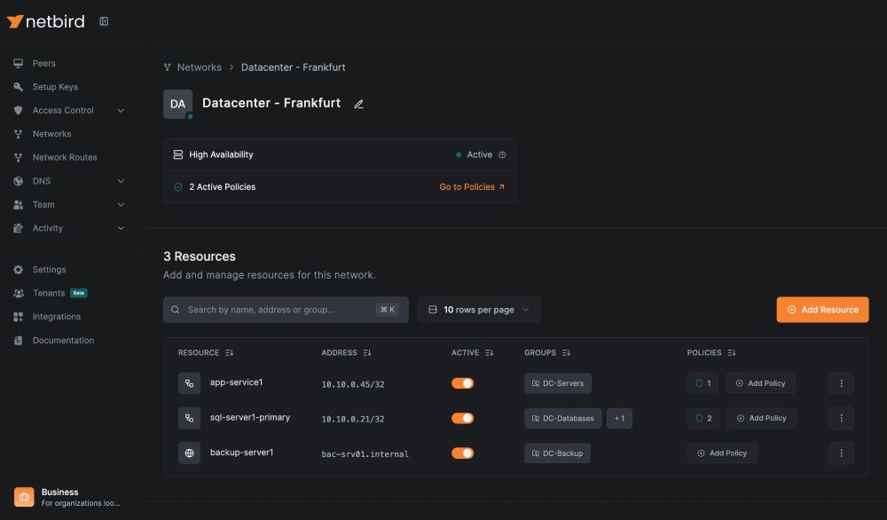Screenshot Netbird.io User Interface 