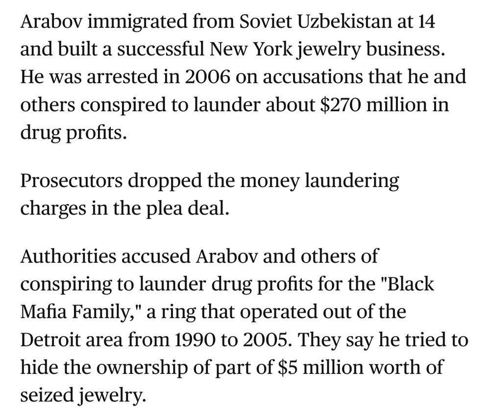 Arabov immigrated from Soviet Uzbekistan at 14 and built a successful New York jewelry business. He was arrested in 2006 on accusations that he and others conspired to launder about $270 million in drug profits.

Prosecutors dropped the money laundering charges in the plea deal.

Authorities accused Arabov and others of conspiring to launder drug profits for the "Black Mafia Family," a ring that operated out of the Detroit area from 1990 to 2005. They say he tried to hide the ownership of part of $5 million worth of seized jewelry. (Screenshot CBS)