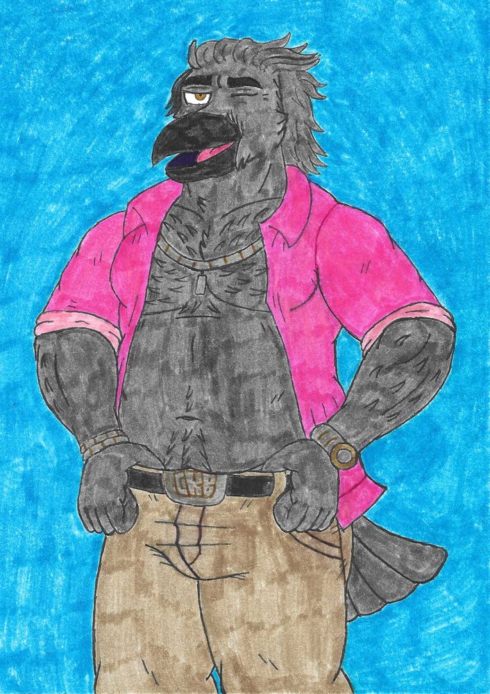 A muscular anthropomorphic grackle posing and winking. He's wearing khakis, various pieces of gold jewelry, and an unbuttoned pink shirt.