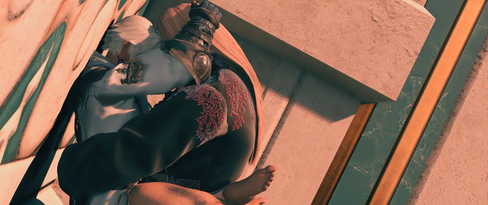 Zenos pins Thancred to an unknown wall in Old Sharlayan, one arm wrapped around his waist to hold him up. Thancred's bare legs are seem wrapped around the garlean's waist, a hand holding onto the back of his head.