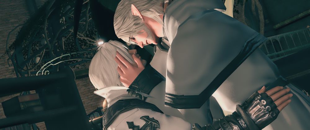 Thancred's hand rests on Urianger's hip, the elezen's own hand gently holding the side of the hyur's face. His head is tilted, almost as though he's leaning down for a kiss.
