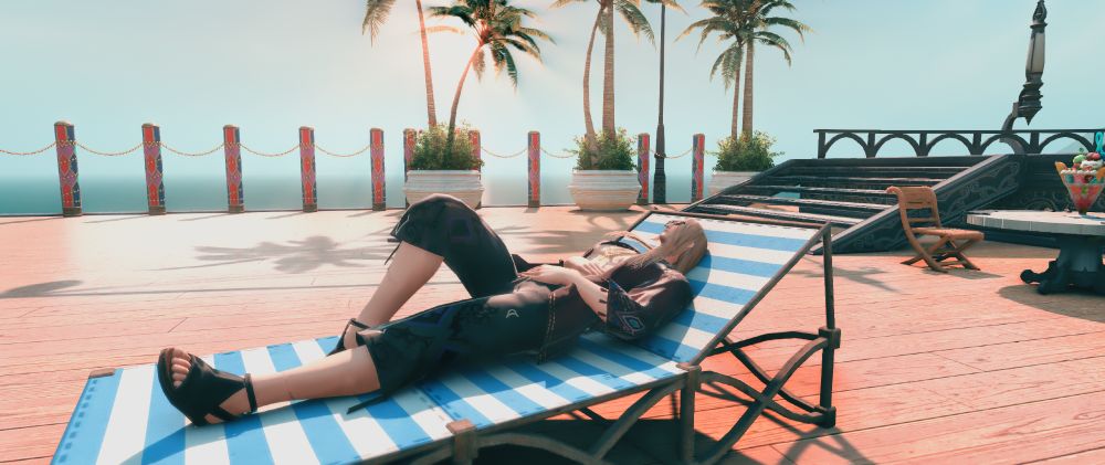 Zenos lays on a beach chair wearing the summer sunset set dyed a deep red and a pair of sunglasses. The deck of the ship can be seen slightly, the sun rising in the distance. One of his legs is propped up, both hands resting over his stomach.