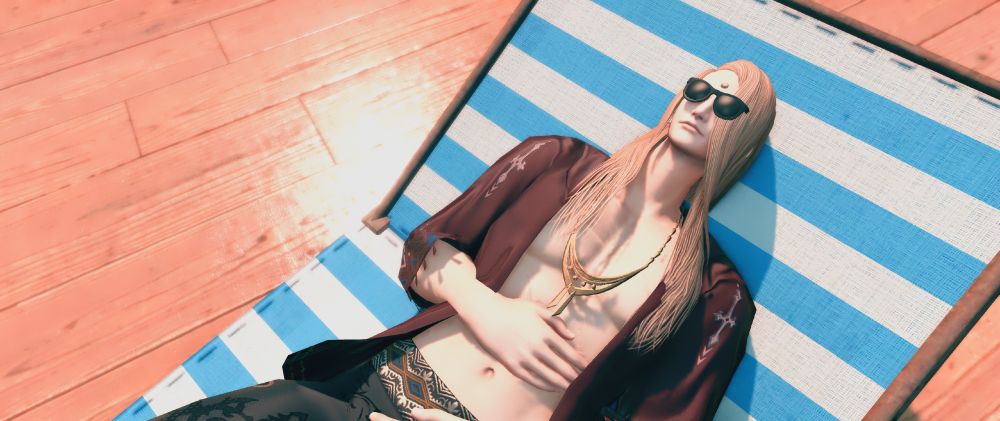 Zenos lays on a beach chair wearing the summer sunset set dyed a deep red and a pair of sunglasses. His hand rests on his stomach, completely relaxed.