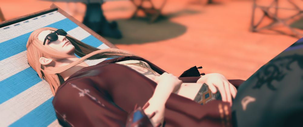 Zenos lays on a beach chair wearing the summer sunset set dyed a deep red and a pair of sunglasses. His lips are quirked ever so slightly, eyes closed beneath the sunglasses, hands on his stomach.