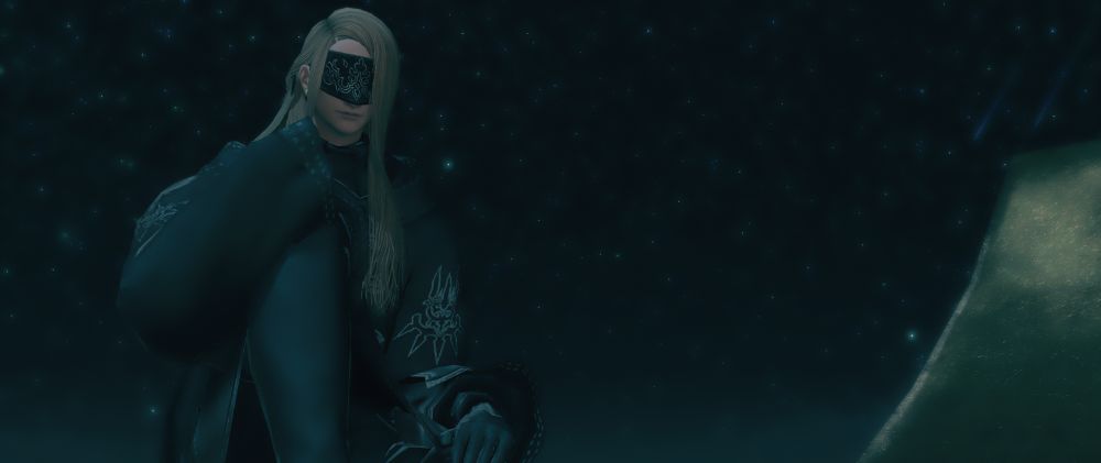 Zenos sits at the top of Kugane tower during the night, a mask covering his eyes and third eye, outfit completely black. A leg is lifted, his hand resting over his knee as the other hand rests on his dangling leg.