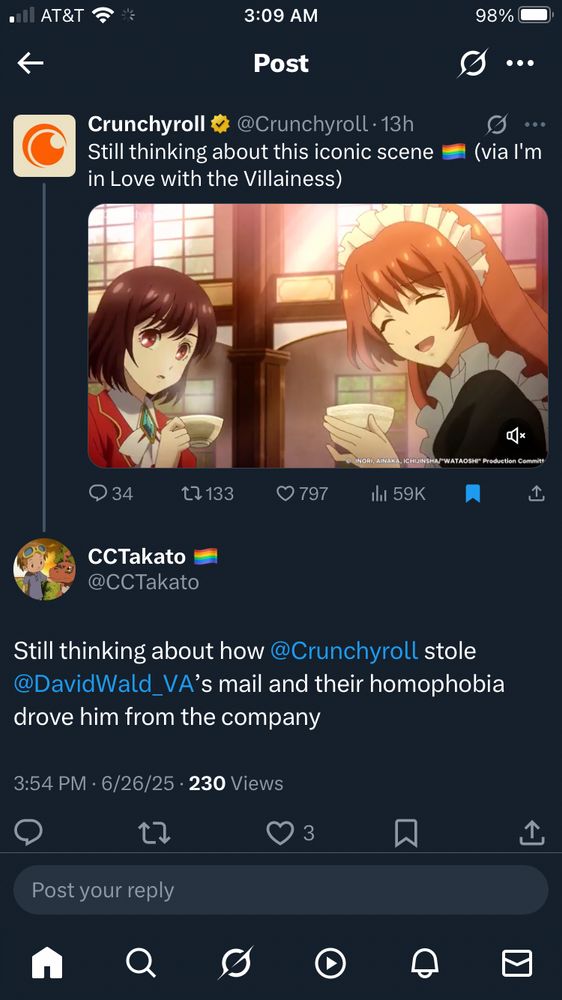 Crunchyroll Twitter account hiding my reply to a clip or I’m In Love With the Villainess asking about the David Wald situation 
