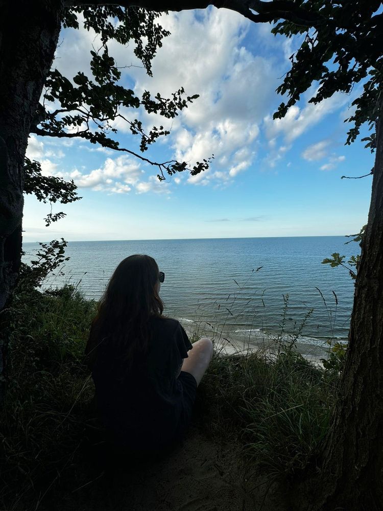 Eine Person sitzt mit dem Rücken zur Kamera an einer Baumkante nahe einem Strand und blickt auf das Meer. 