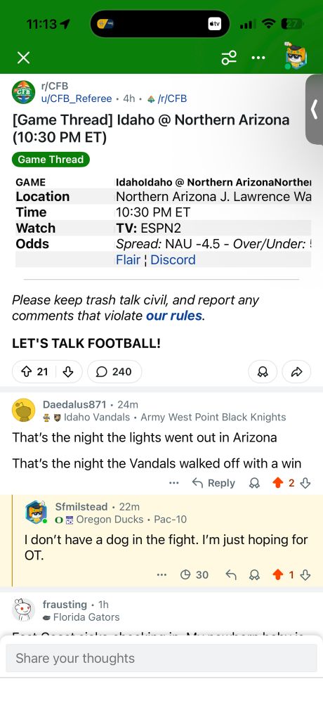 From the Reddit game thread comment at (https://www.reddit.com/r/CFB/s/5PJmAfnjhd)

r/Daedalus871: 

That's the night the lights went out in Arizona

That's the night the Vandals walked off with a win

Reply from r/Sfmilstead:

I don't have a dog in the fight. I'm just hoping for OT.