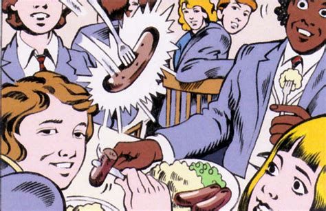 Screenshot of Grange Hill television programme intro of a sausage being thrown at the school cafeteria.