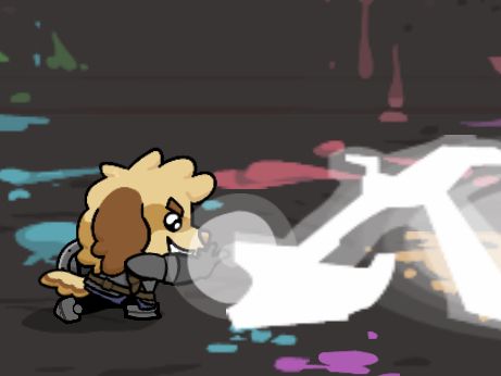 Castle Crashers custom character of a small anthropomorphic dog with a sword, shooting lightning from his hand with an evil smile.