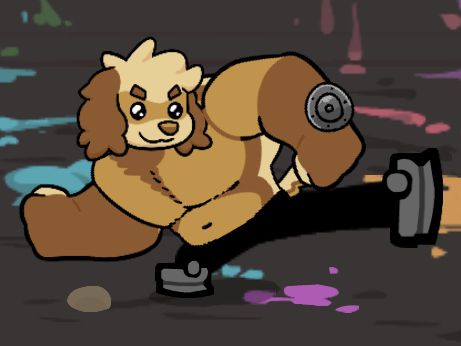 Castle Crashers custom character of a buff anthropomorphic dog kicking in front of himself.