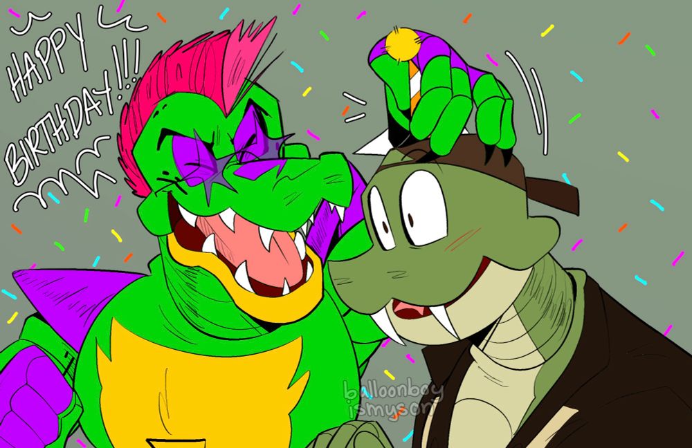 Monty Gator putting a party hat on my sona, Sean the Snake. Monty is shouting “HAPPY BIRTHDAY!!!” And my sona looks happy and surprised.
