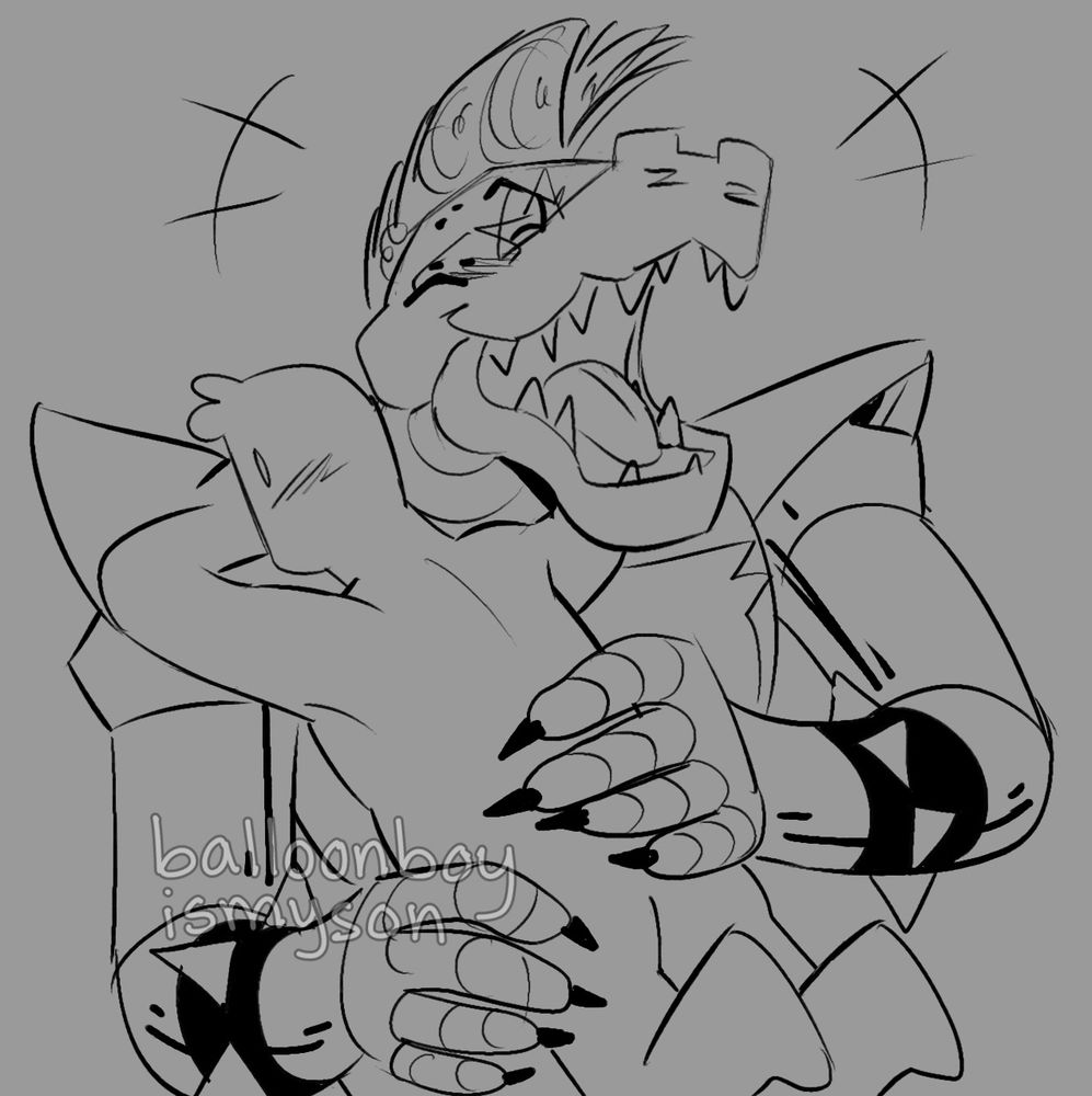 Montgomery Gator hugging/holding Y/N, whom is blushing. Monty is laughing and smiling.