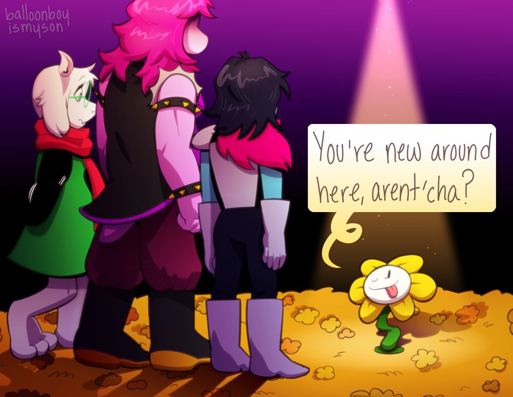 A drawing of Kris, Susie, and Ralsei all standing in front of Flowey the Flower, who is saying, “You’re new around here, arent’cha?” I drew them in Asgore’s Dark World.