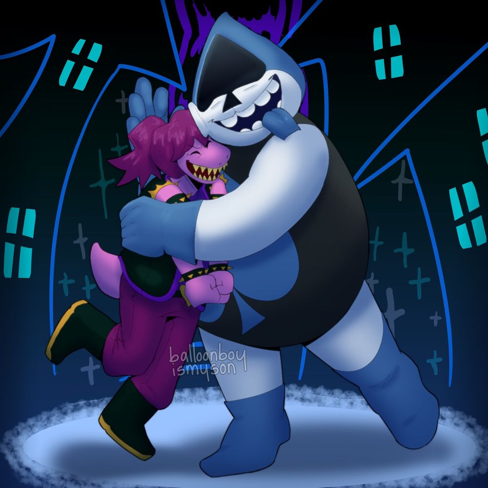 Susie and Lancer from Deltarune as adults, hugging.