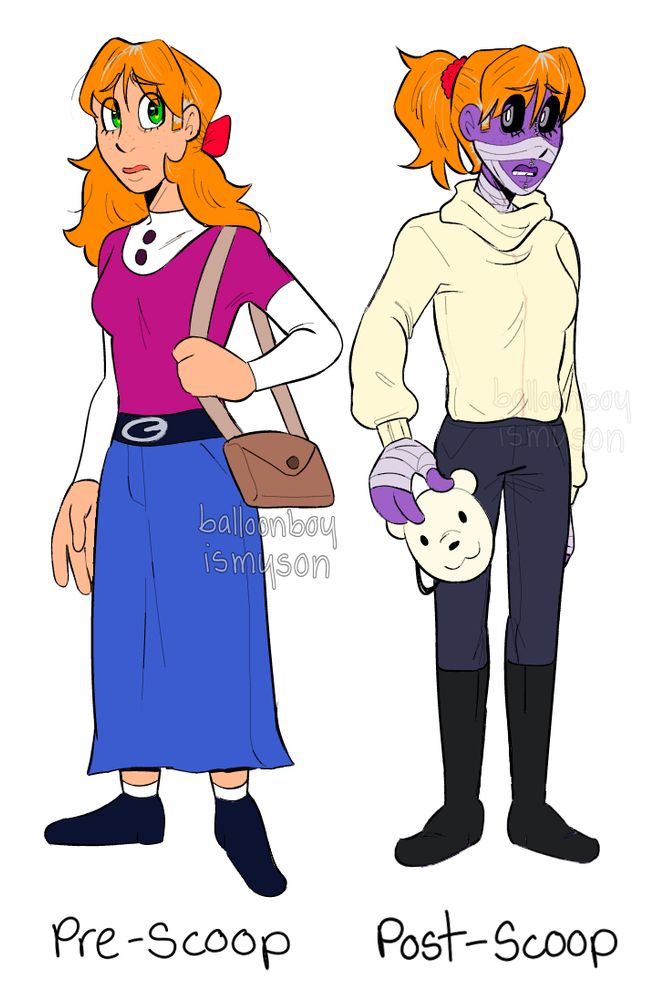 A picture of grown-up Elizabeth in my swap AU on the left before the events of sister location. Her outfit and look is quite close to how it looks in game, and she now has grey hair. On the right is her again but this time post when she has been scooped and no longer has the endoskeleton posing as her. She is also holding Mike’s mask from Pizza Sim.
