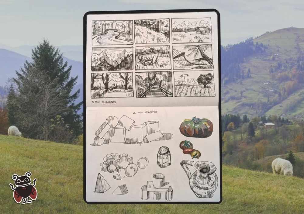 A sketchbook spread open on a landscape photo background of a hilltop dotted with sheep. The top sketchbook page features nine small landscape sketches drawn in pen, arranged in a 3x3 grid. The bottom page contains 3D block sketches, a vase and a cluster of tomatoes, colored in acrylic pen.