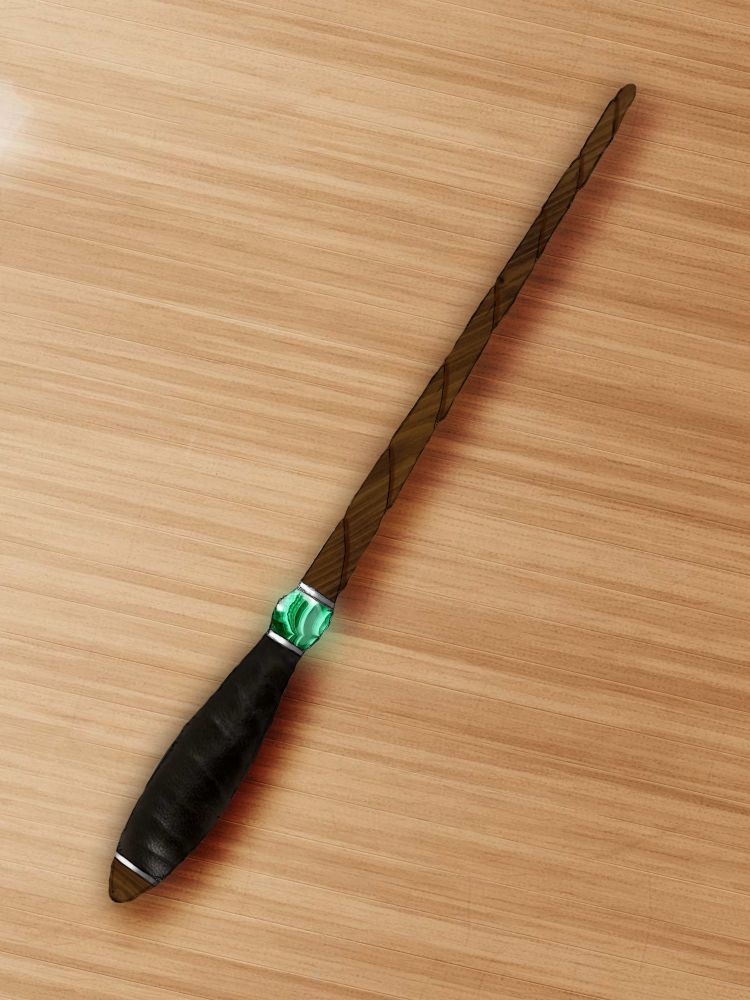 Pictured: An image of a wand on a wooden table - 10.5 inches long, spruce wood, with a spiral down the shaft, a black leather handle, silver spacers and a green malachite stone 'guard' separating the shaft from the handle. The image uses real material textures to fill in a sketch. 