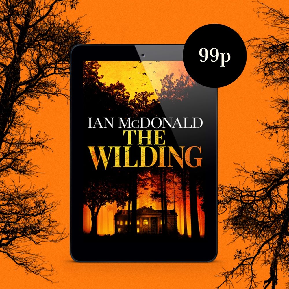 Graphic for THE WILDING by Ian McDonald 99p Kindle Deal — a n eReader in the centre of the image, surrounded by spooky orange sky and silhouetted tree branches. And a “99p” sticker. 