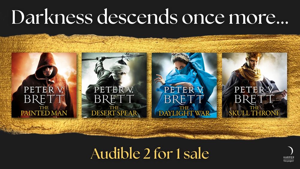 Audible 2-for-1 sale graphic featuring the first four novels in Peter V. Brett’s Demon Cycle series. 