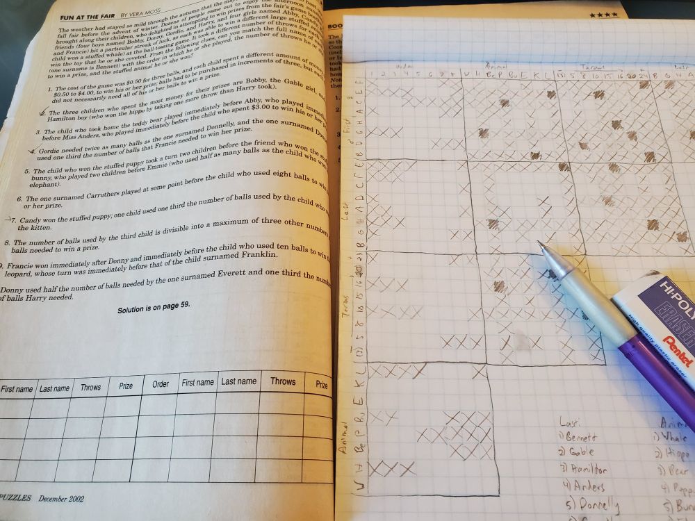 Blank workbook half covered by graph paper which depicts a partially filled matrix logic grid. Pencil and eraser sit on top of the graph paper.