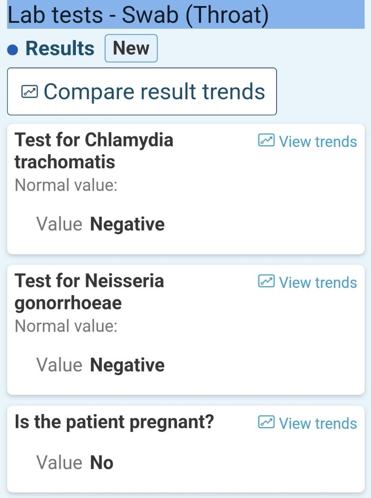 Screen shot of test results showing negatives for chlamydia gonorrhea and pregnancy. It's a throat swab.