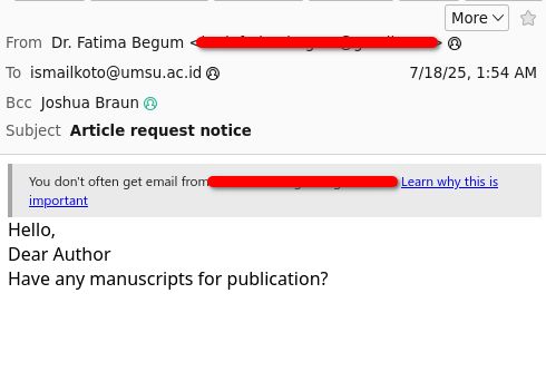 Screenshot of a low-effort spam email with the subject line "Article request notice." The complete body text reads:

"Hello,
Dear Author
Have any manuscripts for publication?"