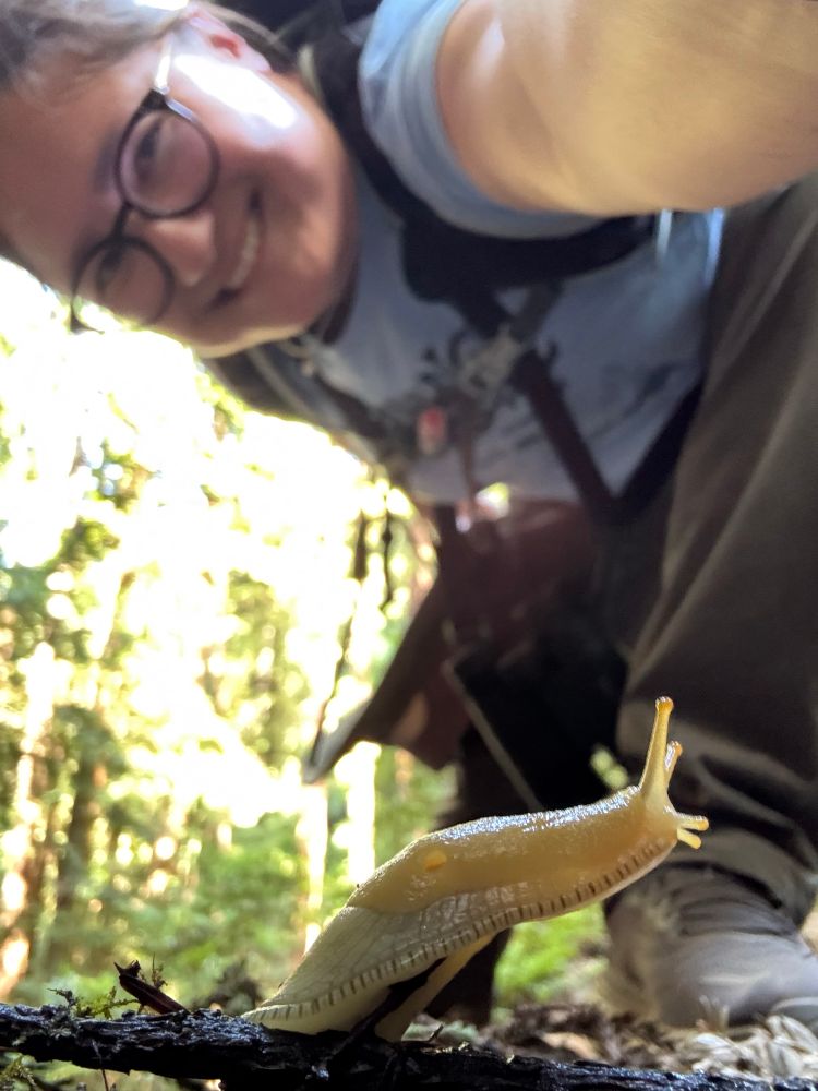 Photo of a woman smiling in the fuzzy background while a banana slug glistens in the foreground 
