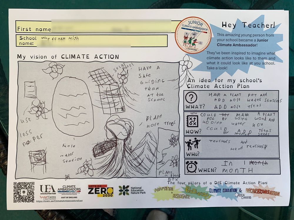 A worksheet titled 'My vision of CLIMATE ACTION' from a student at Wymondham High includes handwritten suggestions such as using less paper, creating a safe guiding room, and planting more trees. The student proposes adding plant pots and water stations, with support from teachers and the headteacher, to be implemented within a month.