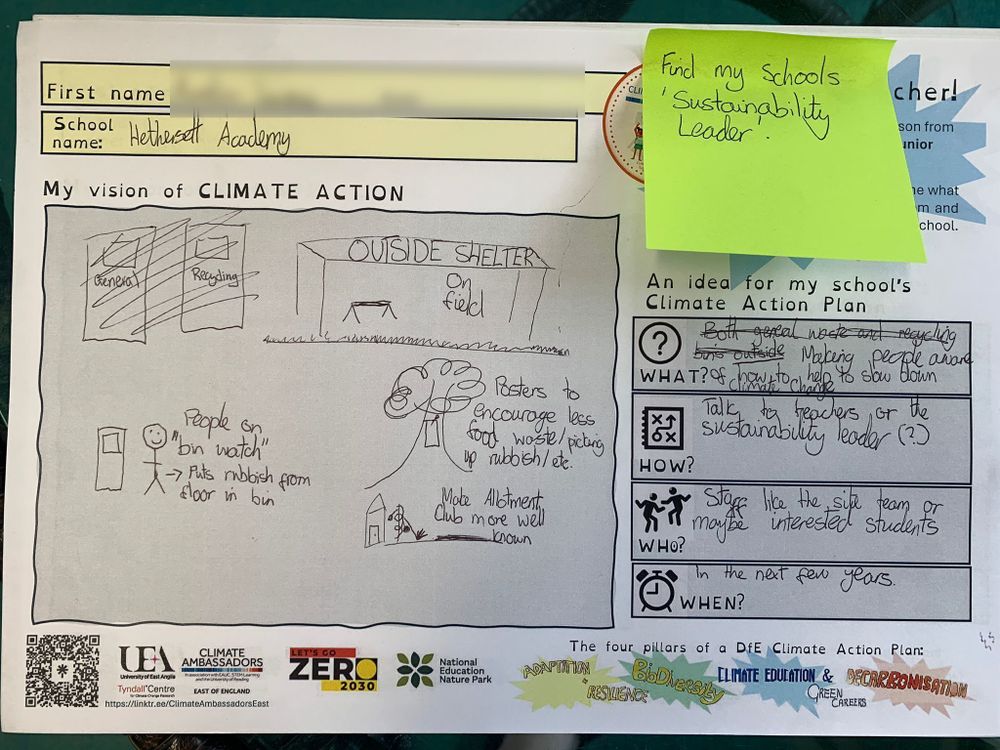 A worksheet titled 'My vision of CLIMATE ACTION' from a student at Hethersett Academy features drawings of recycling bins and an outdoor shelter, along with handwritten ideas for promoting eco-friendly behavior. A sticky note reads 'Find my school's Sustainability Leader.' The worksheet outlines a plan involving staff and students to raise awareness and support climate action over the next few years