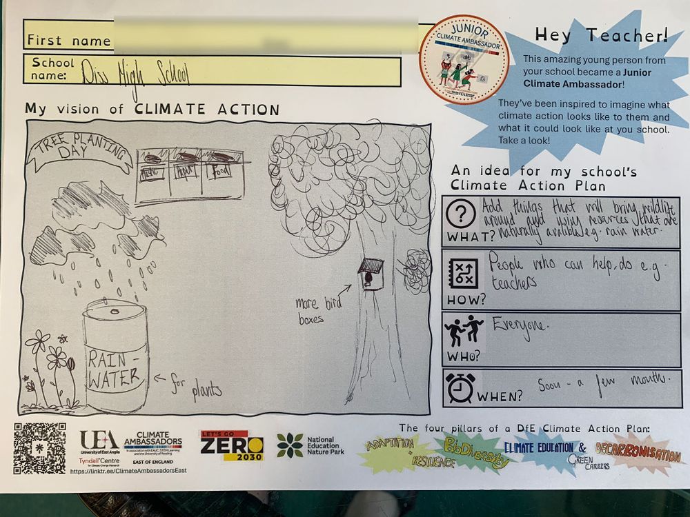 A worksheet titled 'My vision of CLIMATE ACTION' from a student at Diss High School features drawings of a tree with bird boxes, a rainwater barrel for watering plants, and a banner reading 'Tree Planting Day.' The student outlines a plan to enhance wildlife and reduce resource use through planting activities, with involvement from teachers and the wider school community. The four pillars of the DfE Climate Action Plan are listed at the bottom.
