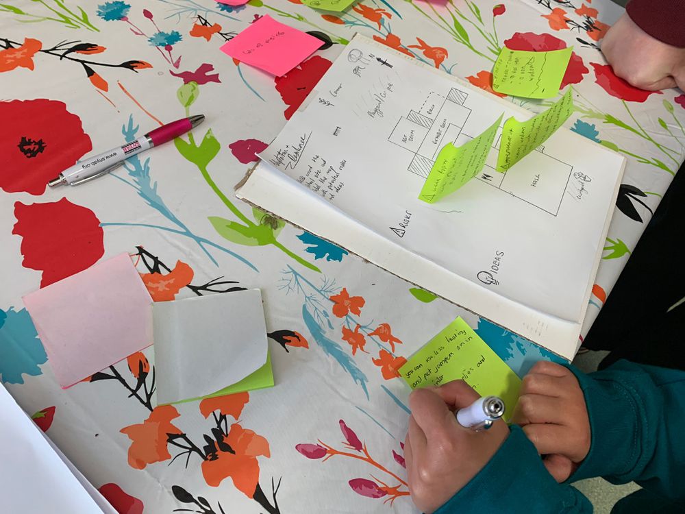 A person writes on a green sticky note next to a notebook with a hand-drawn floor plan, surrounded by scattered sticky notes on a floral tablecloth.