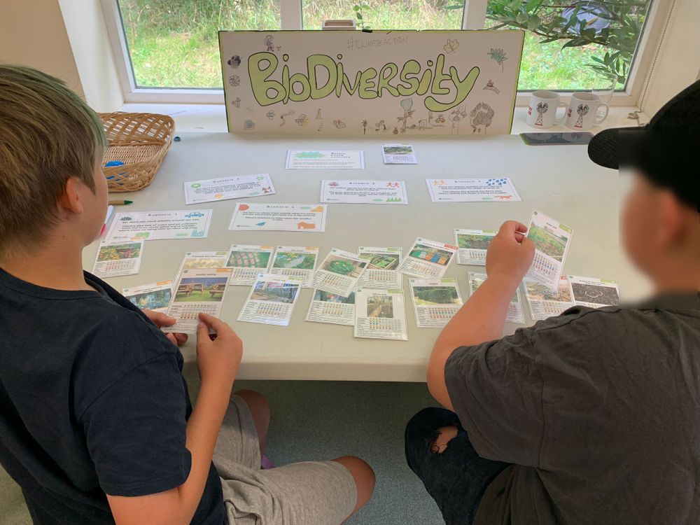Two children sit at a table covered with educational cards and papers related to biodiversity. Behind them, a sign on the windowsill reads 'Biodiversity' in large, colorful letters, surrounded by small drawings. The children appear engaged in an activity