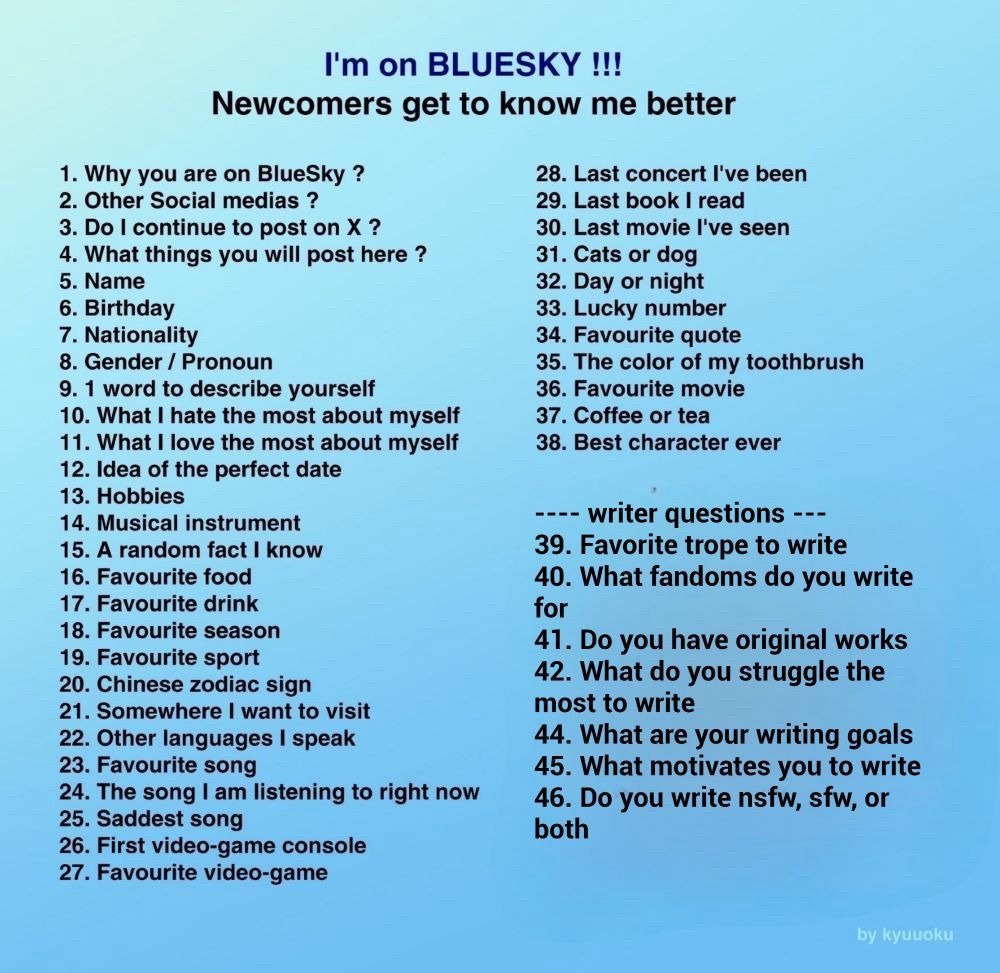 List of questions I will answer per like, numbered 1 to 46

