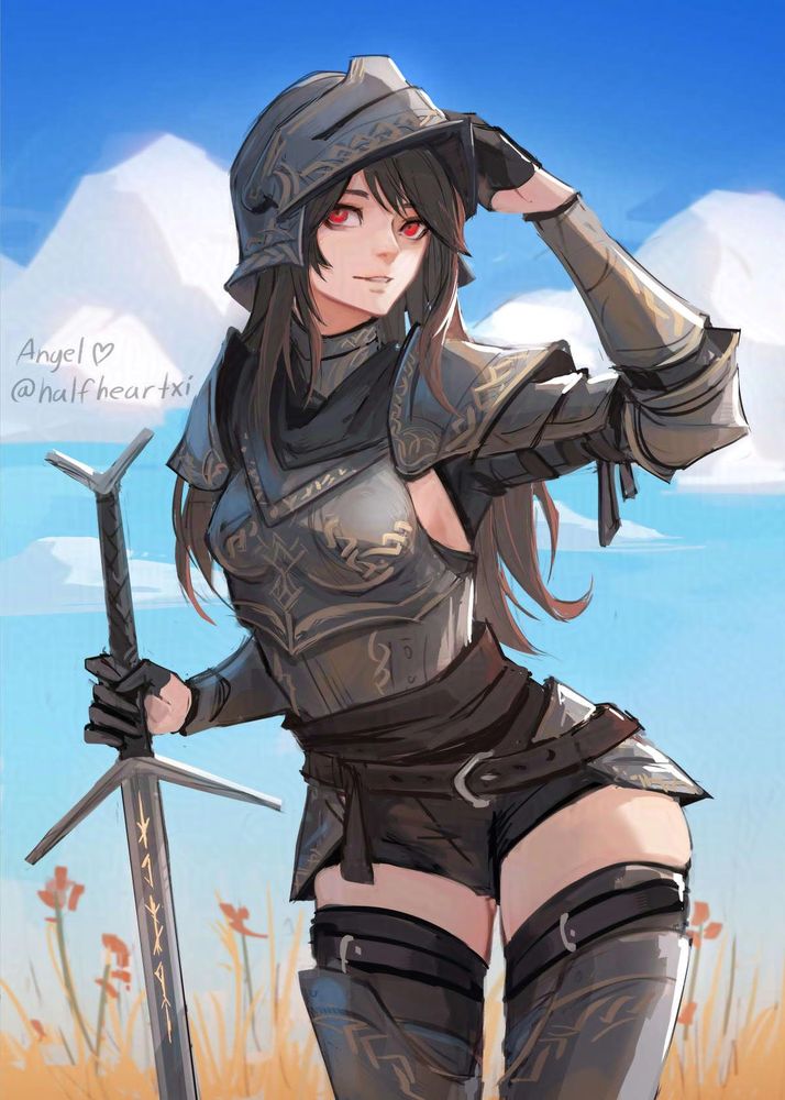 Painting of my character Raven, wearing knight armor with gold patterns. Her sword has glowing runes in the blade.