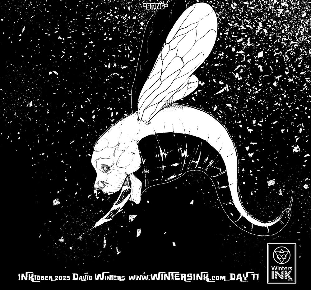 Bug creature with stinger out of its mouth, it has a human head but weird bug body and wings