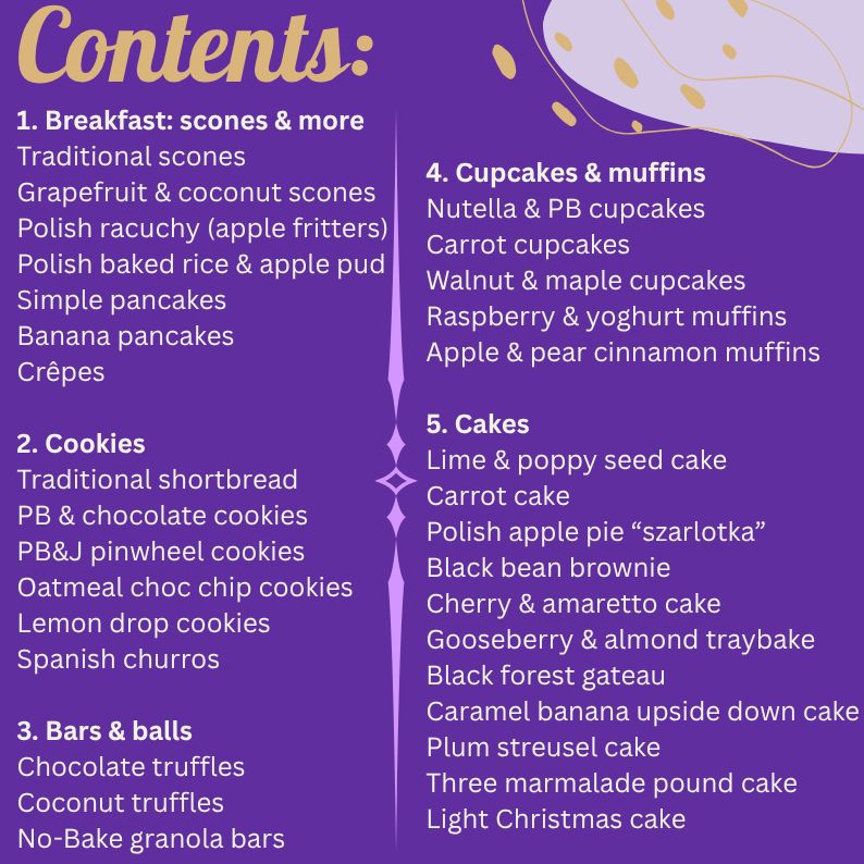 contents, list of recipes in a vegan baking cookbook