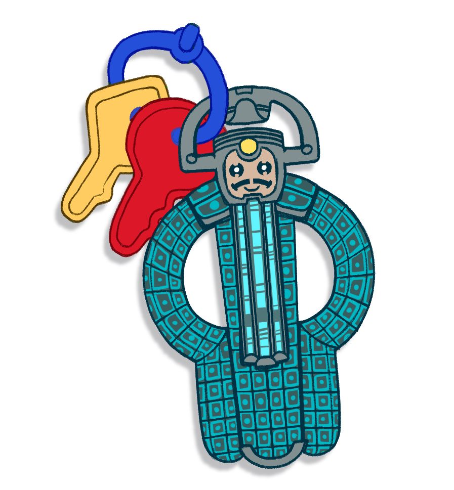Nef Anyo recreated as a teething ring on a key of baby rattle keys