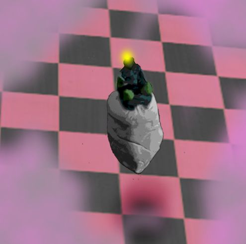 A clay castle on a large floating bolder hovering of a pink cloudy checkered expanse 