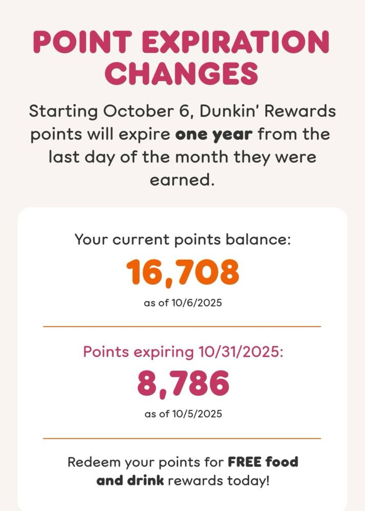 Screencap of an email announcing that Dunkin points now expire and that a lot of mine expire at the end of October.