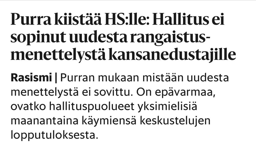 Otsikossa Purra kiistää: Hallitus ei ole sopinut uudesta rangaistusmeneytelystä kansanedustajille.