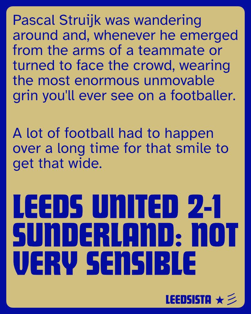 An extract from the linked article, reading:

Pascal Struijk was wandering around and, whenever he emerged from the arms of a teammate or turned to face the crowd, wearing the most enormous unmovable grin you'll ever see on a footballer.
A lot of football had to happen over a long time for that smile to get that wide.