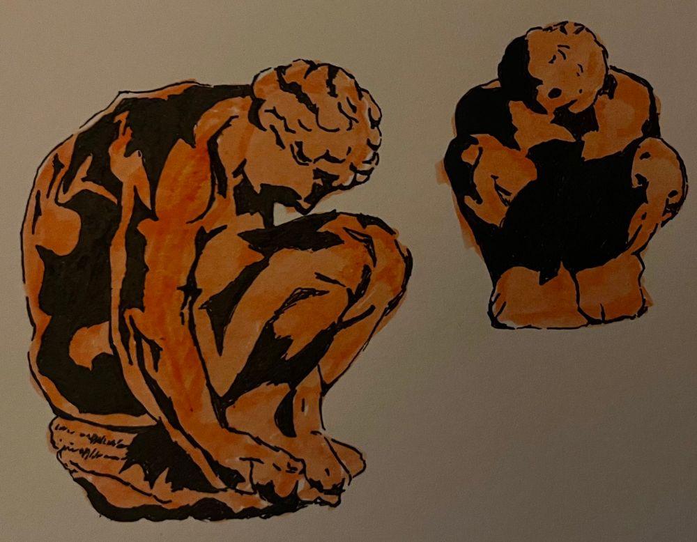 traditional drawings on white paper. a crouching boy in two angles - front on and side on - with heavy shading. i used an orange highlighter to capture the general shape of each then black fineliner to add the shading. 