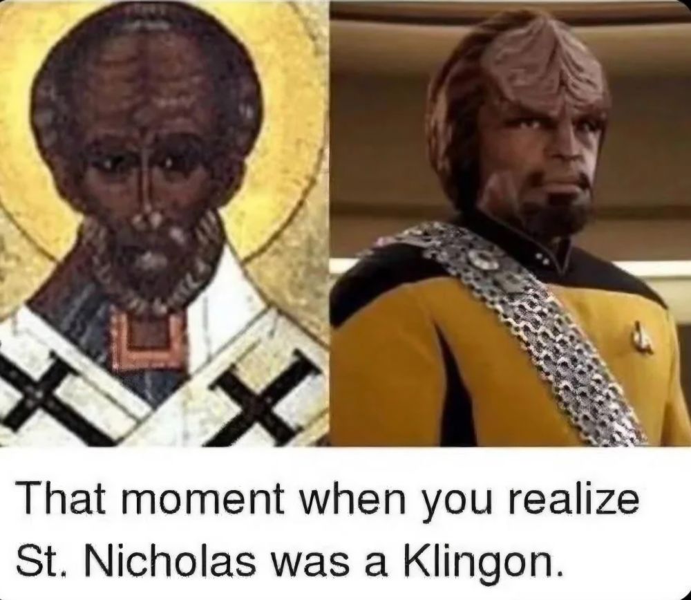 This is a comparison of an icon of Saint Nicholas with a picture of Lieutenant Commander Worf noting the resemblance between the two of them.