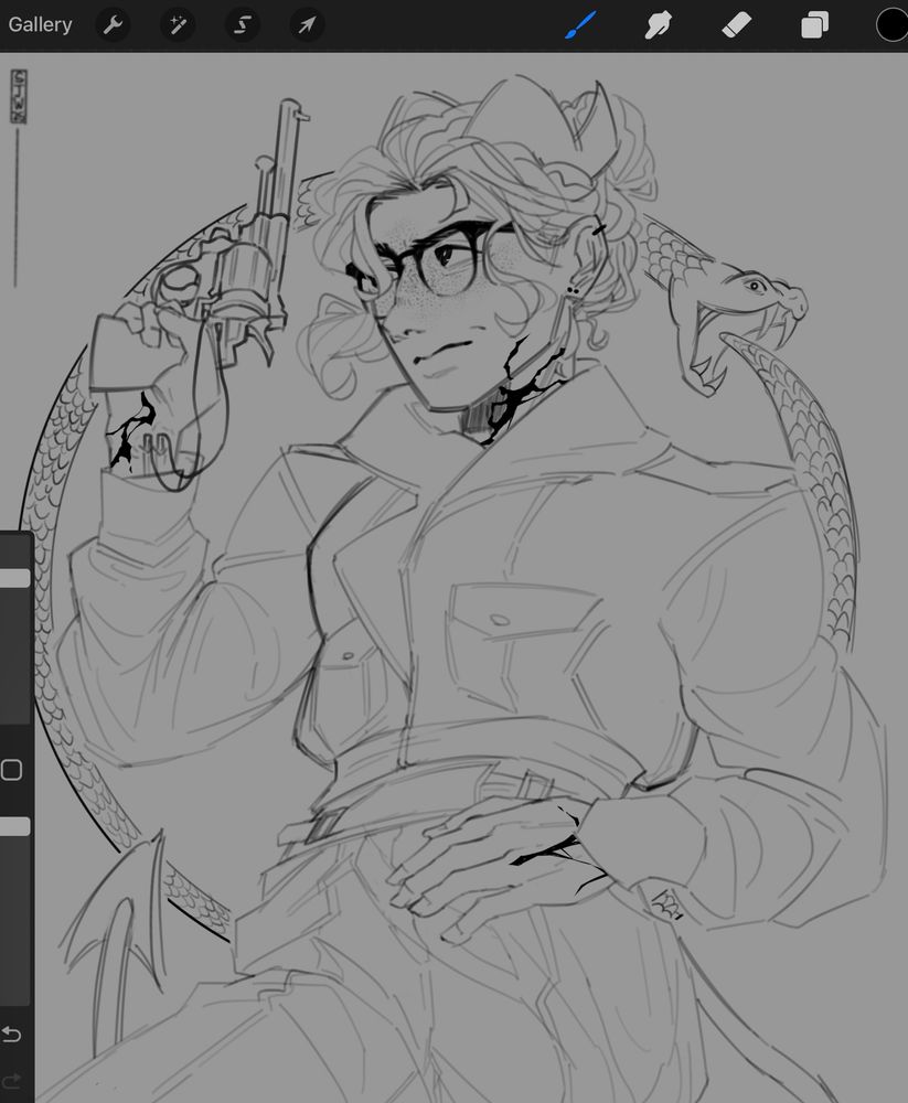 the linework of my tiefling d&d oc rekha grotesk standing in the center of a canvas, holding a revolver. in the background an ouroboros circles behind her 