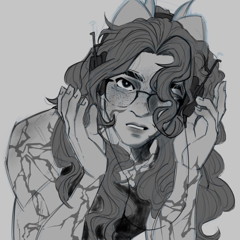 a sketch of my tiefling d&d oc rekha grotesk looking at the viewer with her hands up by her ears as if she were about to take of the set of headphones she is wearing